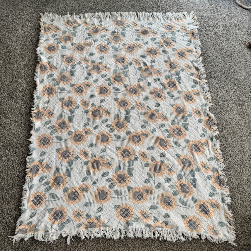Vintage Woven Sunflower Throw Blanket Fringed Cotton Tapestry 68x48 Farmhouse - Picture 2 of 7